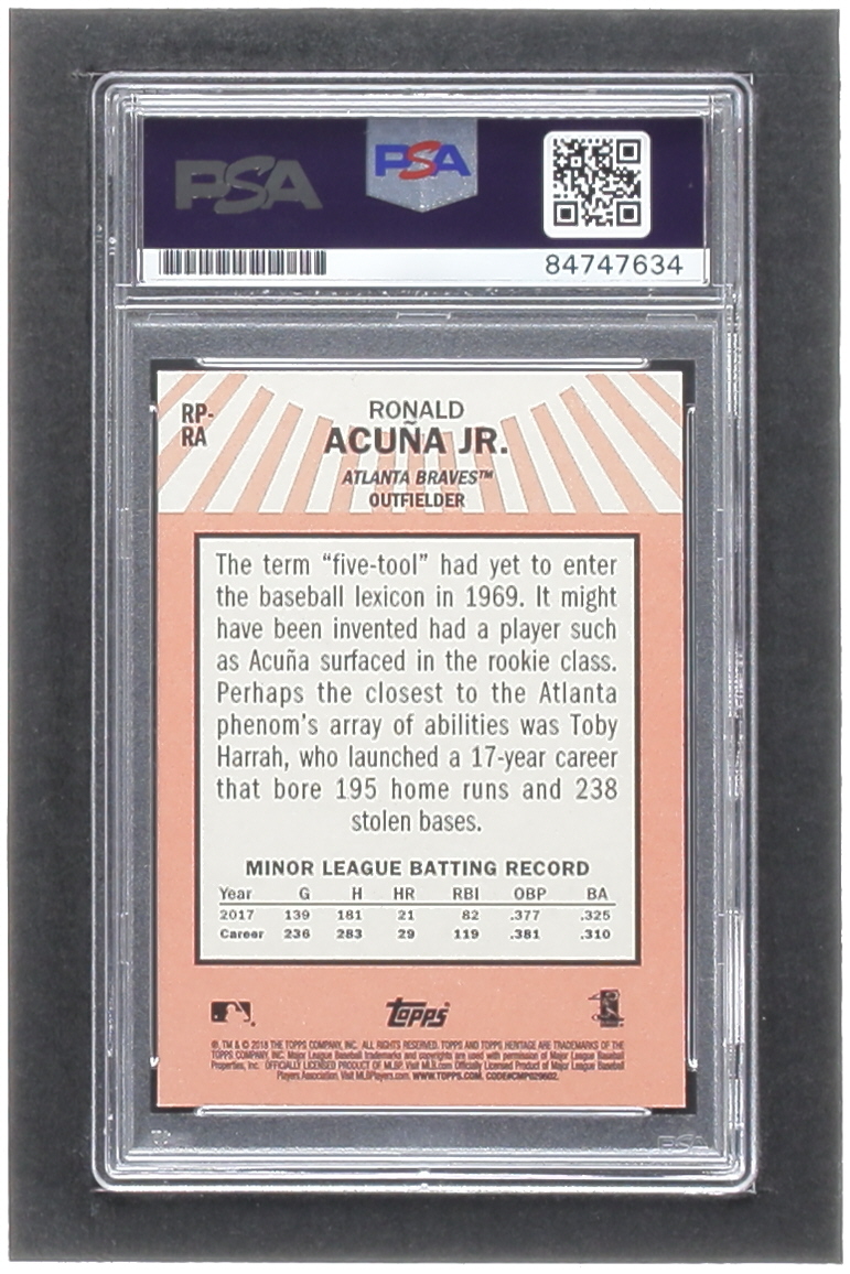 Ronald Acuna Jr. Signed 2018 Topps Heritage Rookie Performers #RPRA RC (PSA | Auto 10) at PristineAuction.com Ronald Acuna Jr. Signed 2018 Topps Heritage Rookie Performers #RPRA RC (PSA | Auto 10) at PristineAuction.com