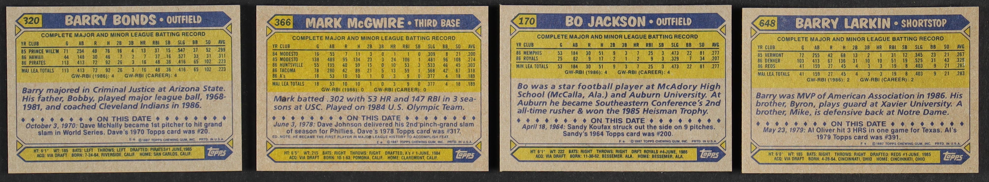 1987 Topps Complete Set of (792) Baseball Cards with Bo Jackson #170 RC, Barry Bonds #320 RC, Mark McGwire #366 RC, Barry Larkin #648 RC at PristineAuction.com 1987 Topps Complete Set of (792) Baseball Cards with Bo Jackson #170 RC, Barry Bonds #320 RC, Mark McGwire #366 RC, Barry Larkin #648 RC at PristineAuction.com