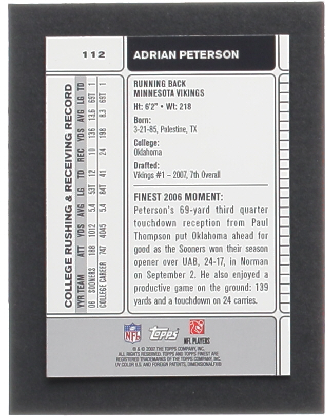 Adrian Peterson 2007 Finest #112 RC at PristineAuction.com Adrian Peterson 2007 Finest #112 RC at PristineAuction.com