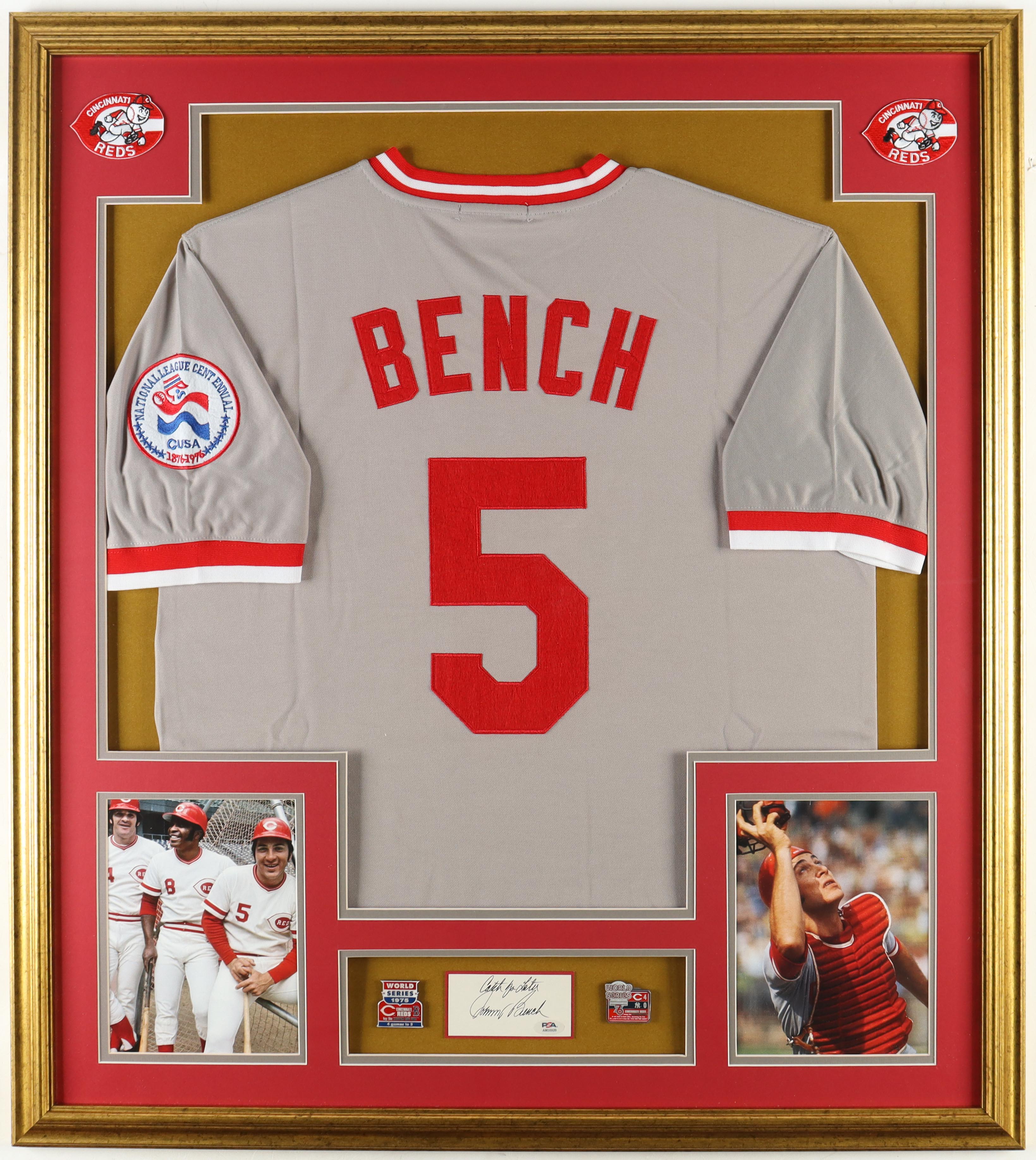 Johnny Bench Signed Custom Framed Cut Display With Jersey With 1975 & 1976 World Series Pins Inscribed "Catch You Later" (PSA) at PristineAuction.com Johnny Bench Signed Custom Framed Cut Display With Jersey With 1975 & 1976 World Series Pins Inscribed "Catch You Later" (PSA) at PristineAuction.com