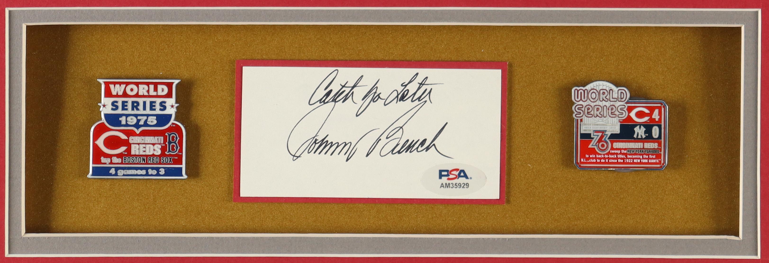 Johnny Bench Signed Custom Framed Cut Display With Jersey With 1975 & 1976 World Series Pins Inscribed "Catch You Later" (PSA) at PristineAuction.com Johnny Bench Signed Custom Framed Cut Display With Jersey With 1975 & 1976 World Series Pins Inscribed "Catch You Later" (PSA) at PristineAuction.com