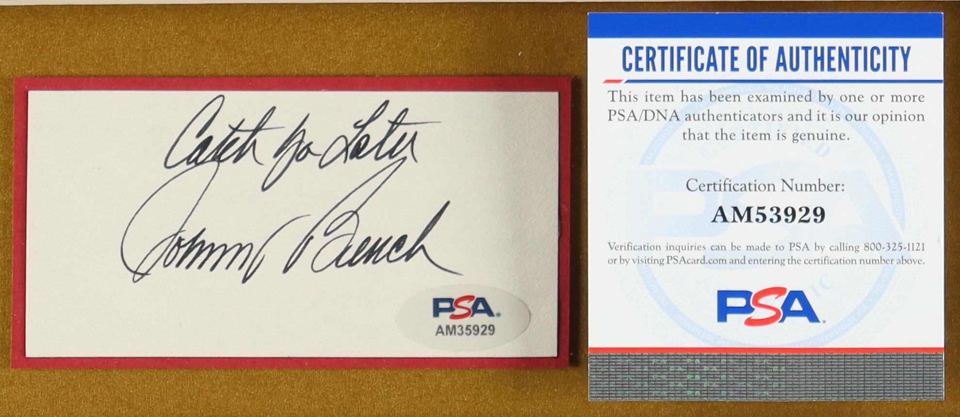 Johnny Bench Signed Custom Framed Cut Display With Jersey With 1975 & 1976 World Series Pins Inscribed "Catch You Later" (PSA) at PristineAuction.com Johnny Bench Signed Custom Framed Cut Display With Jersey With 1975 & 1976 World Series Pins Inscribed "Catch You Later" (PSA) at PristineAuction.com