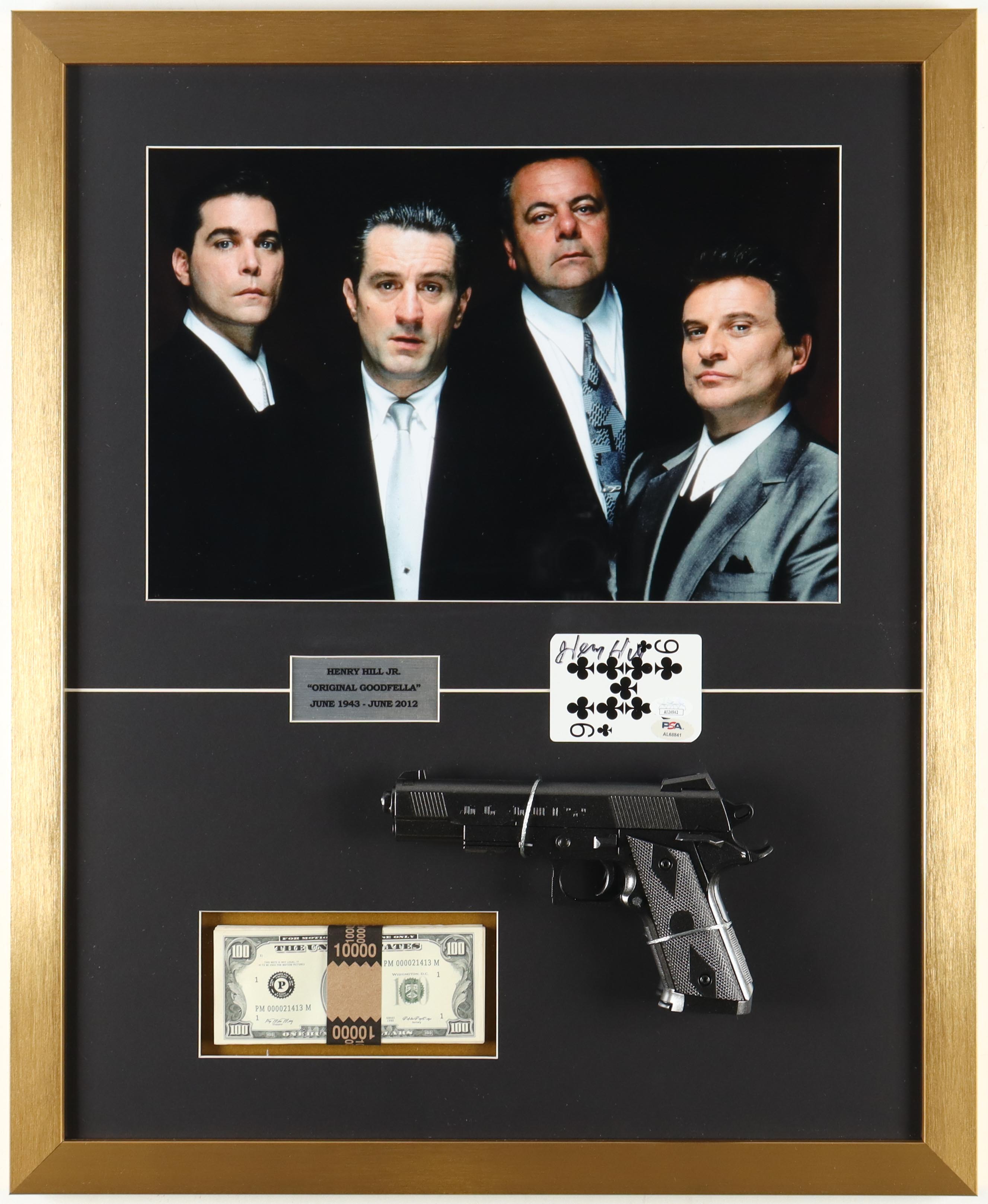 Henry Hill Signed "Goodfellas" Custom Framed Playing Card Display with Cast Photo, Movie Prop Cash Stack & Replica Prop Pistol (JSA & PSA) at PristineAuction.com Henry Hill Signed "Goodfellas" Custom Framed Playing Card Display with Cast Photo, Movie Prop Cash Stack & Replica Prop Pistol (JSA & PSA) at PristineAuction.com
