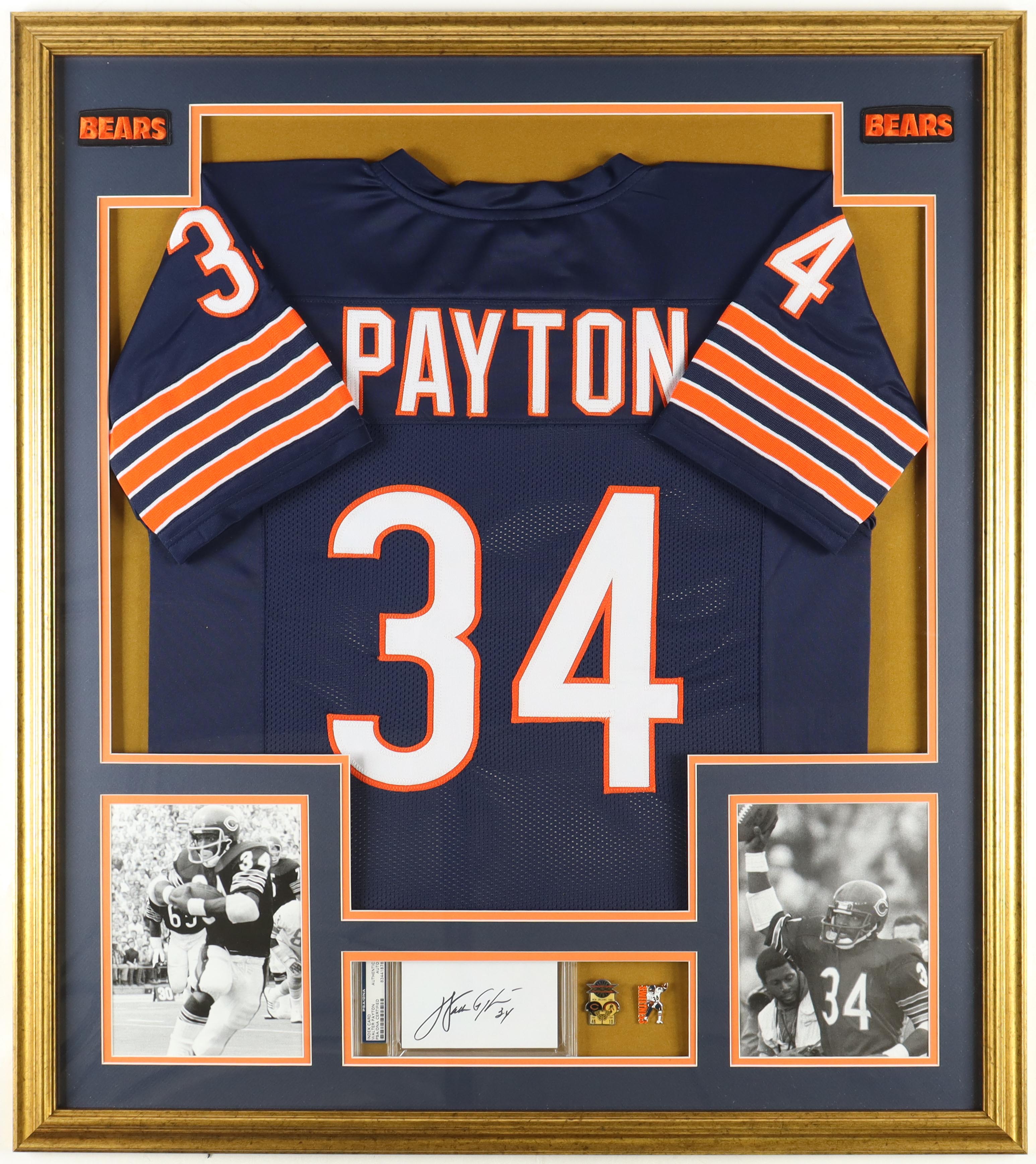 Walter Payton Signed Bears Custom Framed Cut Display with Jersey and Payton "Sweetness" Pin (PSA) at PristineAuction.com Walter Payton Signed Bears Custom Framed Cut Display with Jersey and Payton "Sweetness" Pin (PSA) at PristineAuction.com