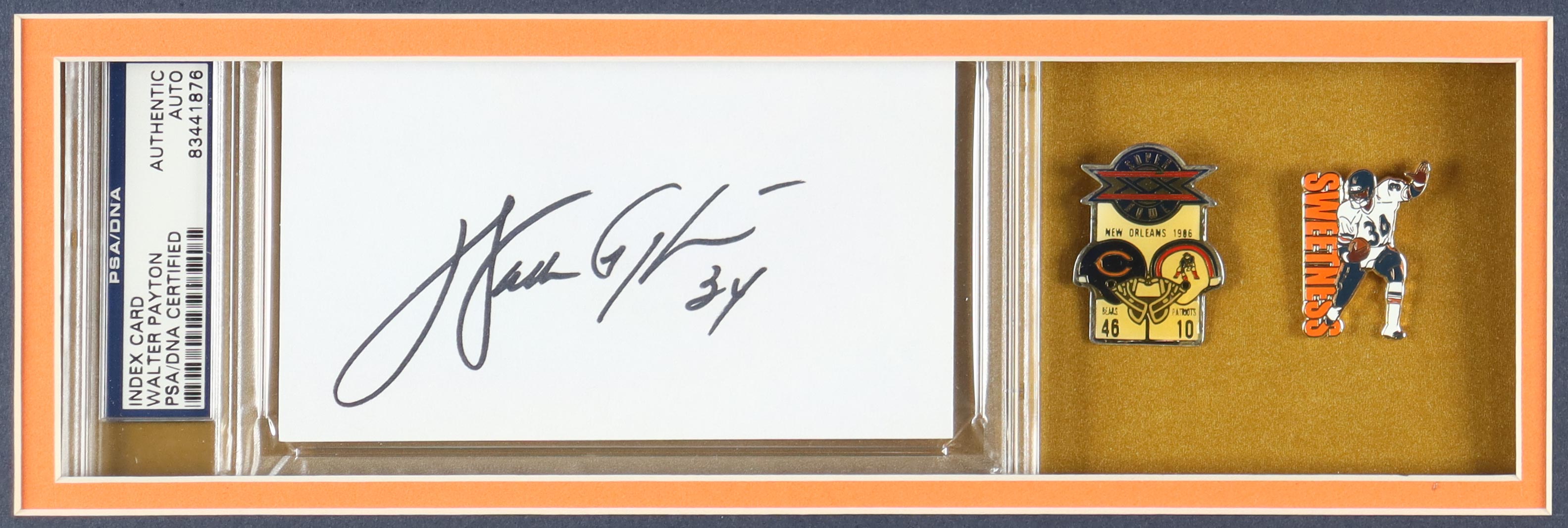 Walter Payton Signed Bears Custom Framed Cut Display with Jersey and Payton "Sweetness" Pin (PSA) at PristineAuction.com Walter Payton Signed Bears Custom Framed Cut Display with Jersey and Payton "Sweetness" Pin (PSA) at PristineAuction.com
