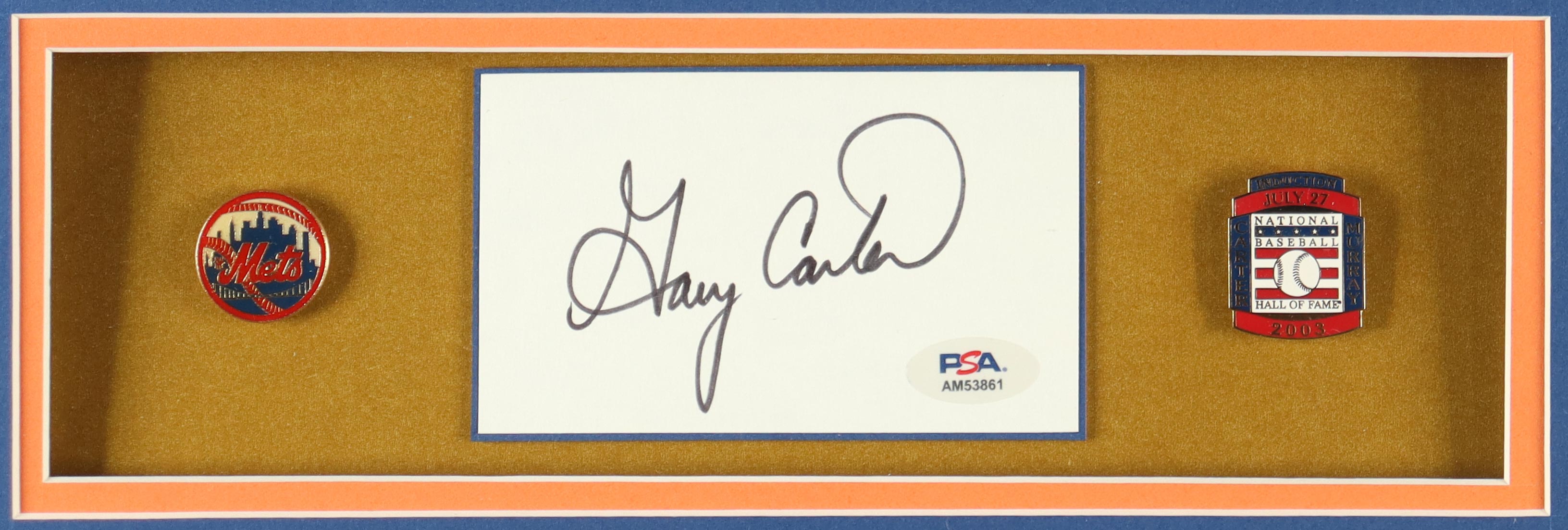 Gary Carter Signed Custom Framed Cut Display with Jersey & Original 2001 Hall Of Fame Induction Pin (PSA) at PristineAuction.com Gary Carter Signed Custom Framed Cut Display with Jersey & Original 2001 Hall Of Fame Induction Pin (PSA) at PristineAuction.com