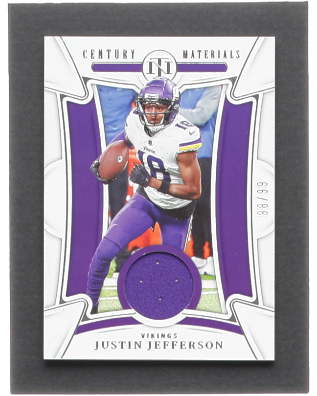 Justin Jefferson 2022 Panini National Treasures Century Materials #56 #98/99 at PristineAuction.com Justin Jefferson 2022 Panini National Treasures Century Materials #56 #98/99 at PristineAuction.com