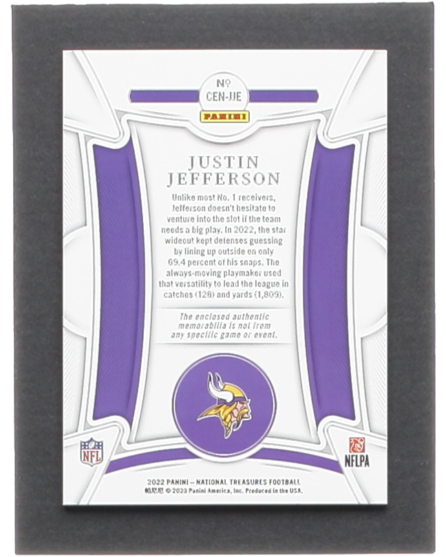 Justin Jefferson 2022 Panini National Treasures Century Materials #56 #98/99 at PristineAuction.com Justin Jefferson 2022 Panini National Treasures Century Materials #56 #98/99 at PristineAuction.com