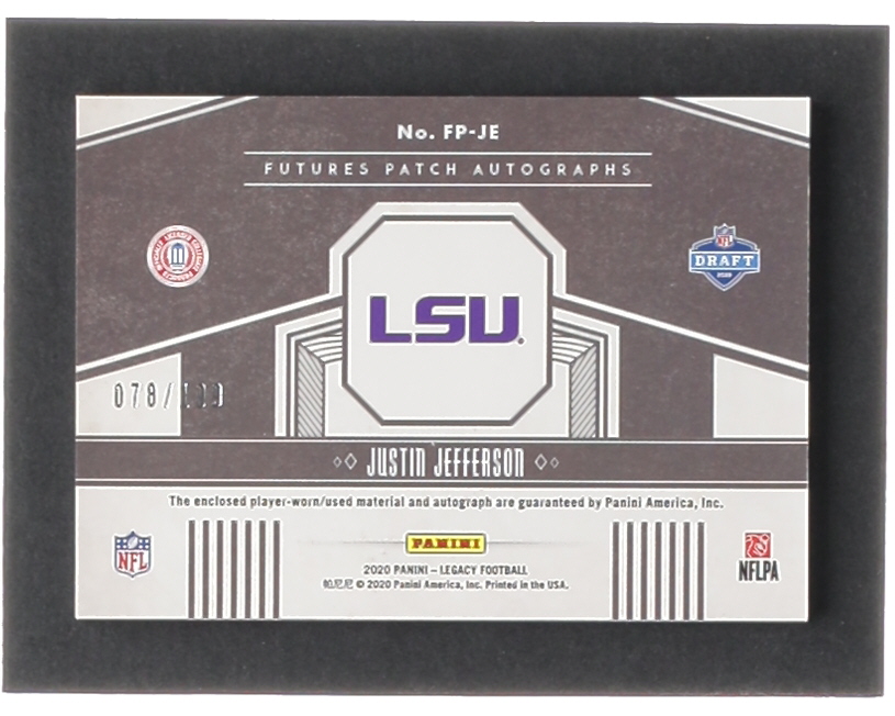 Justin Jefferson 2020 Panini Legacy Futures Patch Autographs #FPJE RC #078/199 at PristineAuction.com Justin Jefferson 2020 Panini Legacy Futures Patch Autographs #FPJE RC #078/199 at PristineAuction.com