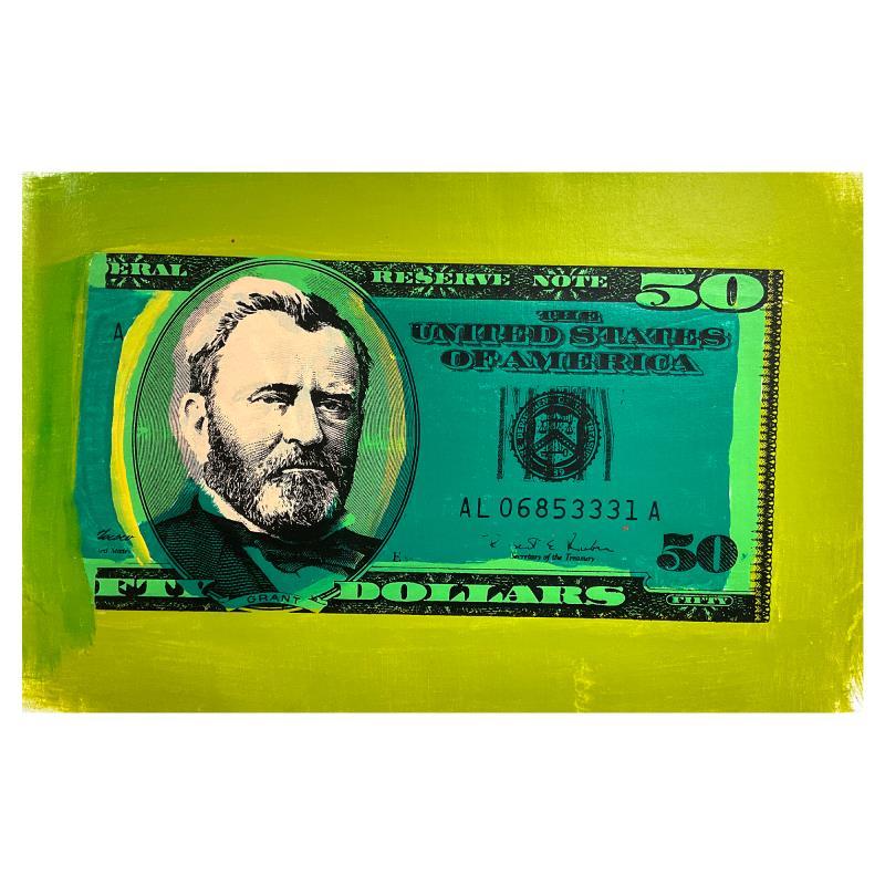 "50 Dollar Bill" LE 19x10 Hand-Painted Mixed Media on Canvas by Steve Kaufman (PA) at PristineAuction.com "50 Dollar Bill" LE 19x10 Hand-Painted Mixed Media on Canvas by Steve Kaufman (PA) at PristineAuction.com