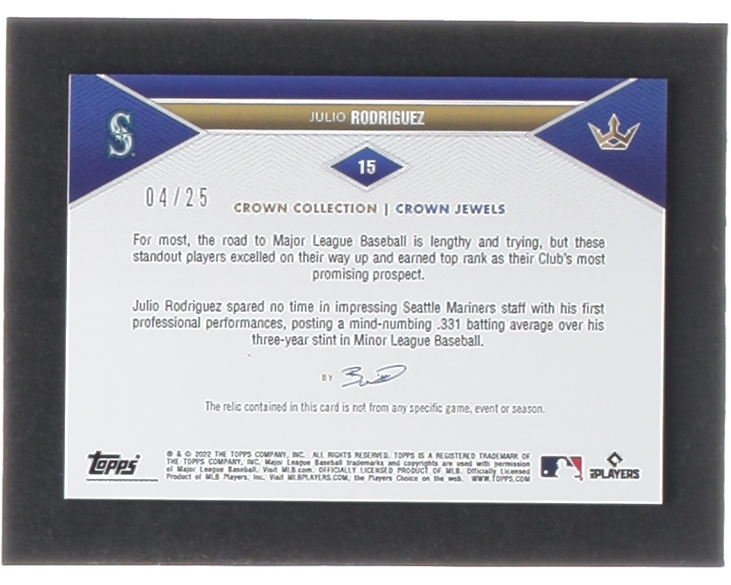Julio Rodriguez 2022 Topps X Bobby Witt Jr. Crown Collection Crown Jewels Relics Purple #15 RC #04/25 at PristineAuction.com Julio Rodriguez 2022 Topps X Bobby Witt Jr. Crown Collection Crown Jewels Relics Purple #15 RC #04/25 at PristineAuction.com