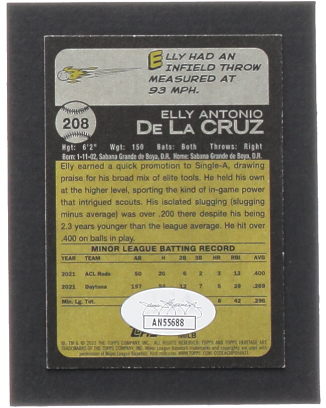 Elly De La Cruz Signed 2022 Topps Heritage Minors #208 SP RC (JSA) at PristineAuction.com Elly De La Cruz Signed 2022 Topps Heritage Minors #208 SP RC (JSA) at PristineAuction.com