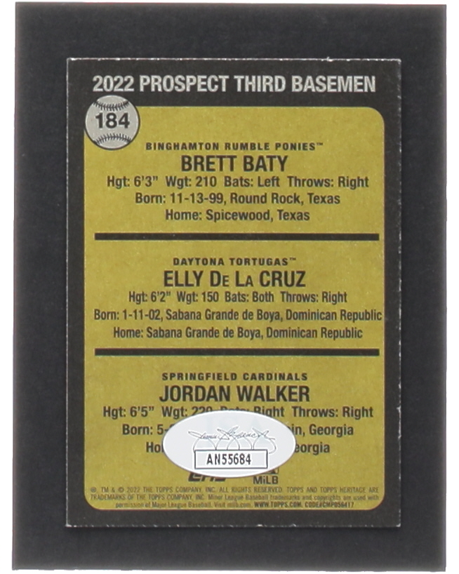 Elly De La Cruz Signed 2022 Topps Heritage Minors #184 Elly De La Cruz / Brett Baty / Jordan Walker PS RC (JSA) at PristineAuction.com Elly De La Cruz Signed 2022 Topps Heritage Minors #184 Elly De La Cruz / Brett Baty / Jordan Walker PS RC (JSA) at PristineAuction.com