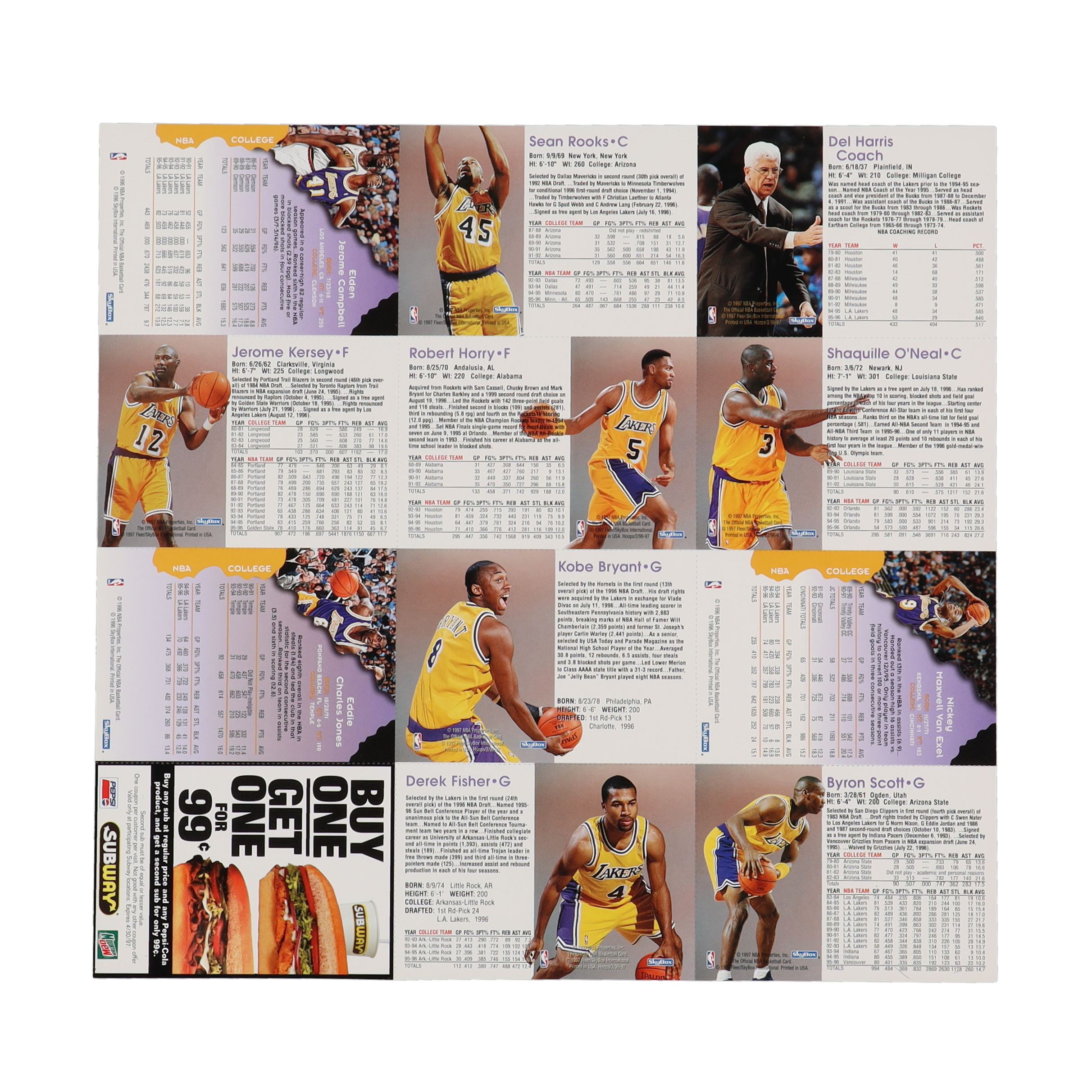 1996-97 Hoops Team Sheets Lakers Uncut Sheet of (12) Cards with Kobe Bryant RC & Derek Fisher RC at PristineAuction.com 1996-97 Hoops Team Sheets Lakers Uncut Sheet of (12) Cards with Kobe Bryant RC & Derek Fisher RC at PristineAuction.com