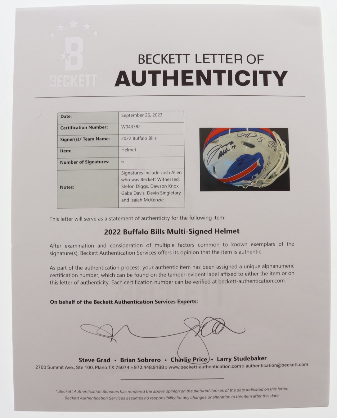 2022 Bills Full-Size Authentic Speed Helmet Team-Signed By (6) With Josh Allen, Stefon Diggs, Dawson Knox, Gabe Davis, & Devin Singletary (Beckett) at PristineAuction.com 2022 Bills Full-Size Authentic Speed Helmet Team-Signed By (6) With Josh Allen, Stefon Diggs, Dawson Knox, Gabe Davis, & Devin Singletary (Beckett) at PristineAuction.com