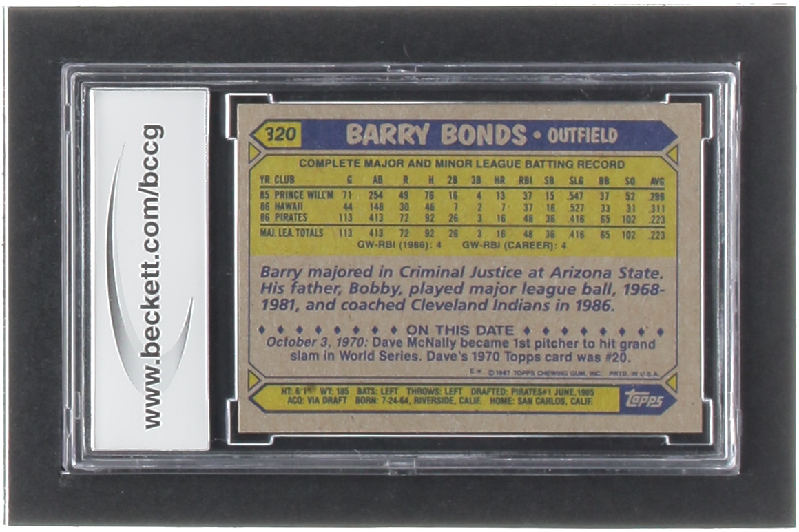 Barry Bonds 1987 Topps #320 RC (BCCG 10) at PristineAuction.com Barry Bonds 1987 Topps #320 RC (BCCG 10) at PristineAuction.com