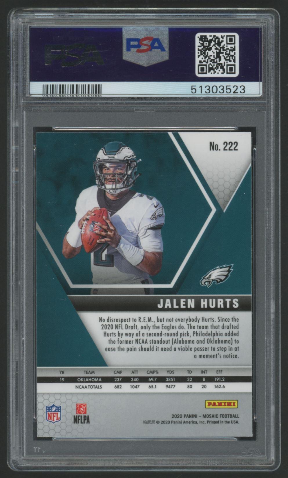 Jalen Hurts 2020 Panini Mosaic #222 RC (PSA 10) at PristineAuction.com Jalen Hurts 2020 Panini Mosaic #222 RC (PSA 10) at PristineAuction.com