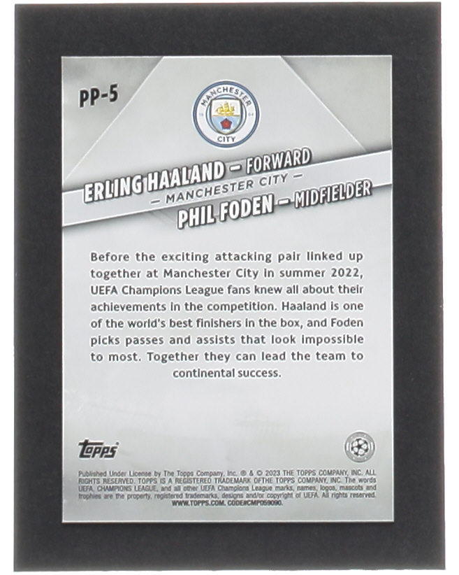 Phil Foden / Erling Haaland 2022-23 Topps UEFA Club Competitions Premium Partnerships #PP5 at PristineAuction.com Phil Foden / Erling Haaland 2022-23 Topps UEFA Club Competitions Premium Partnerships #PP5 at PristineAuction.com