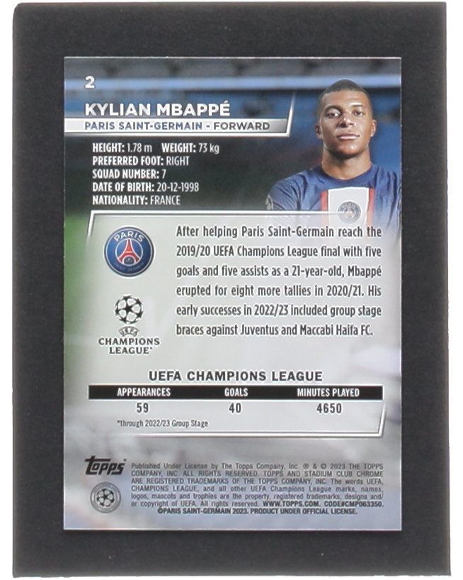 Kylian Mbappe 2022-23 Stadium Club Chrome UEFA Blue Prism Refractors #2 at PristineAuction.com Kylian Mbappe 2022-23 Stadium Club Chrome UEFA Blue Prism Refractors #2 at PristineAuction.com
