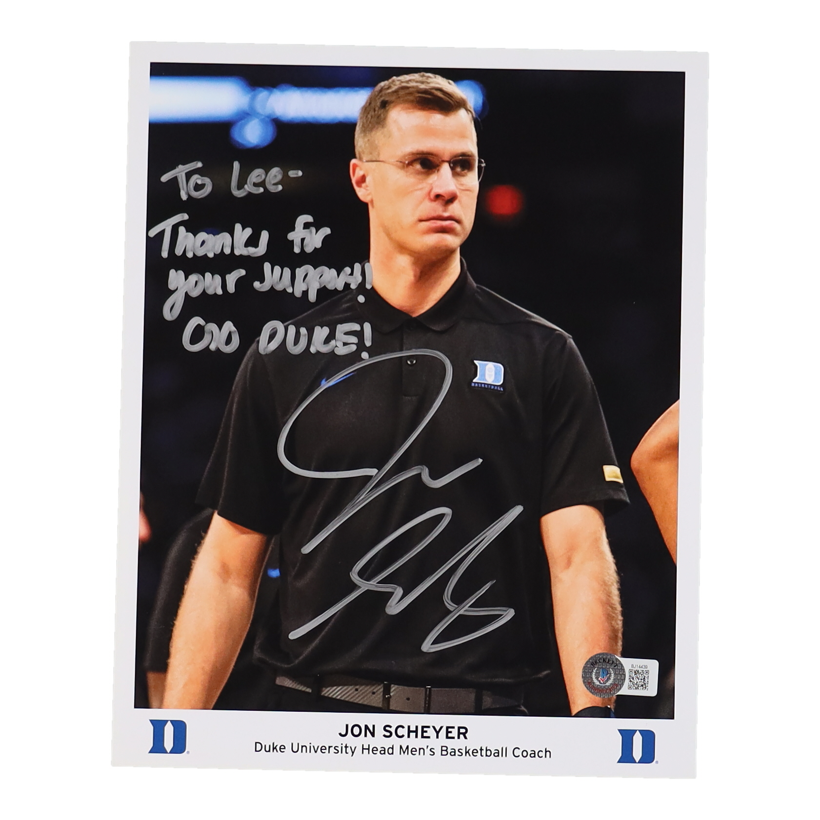 Jon Scheyer Signed Duke Blue Devils 8x10 Photo Inscribed "Thanks for Your Juppoh!" & "Go Duke!" (Beckett) at PristineAuction.com Jon Scheyer Signed Duke Blue Devils 8x10 Photo Inscribed "Thanks for Your Juppoh!" & "Go Duke!" (Beckett) at PristineAuction.com