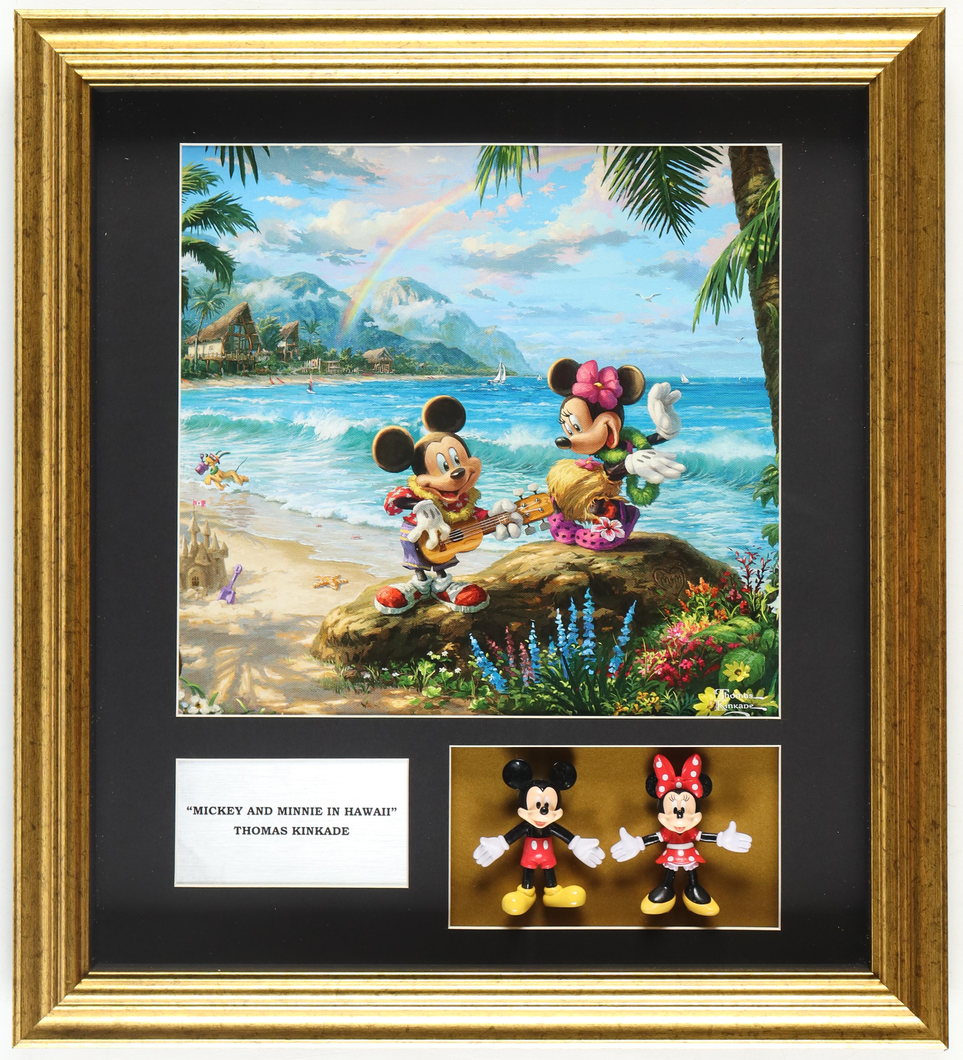 Thomas Kinkade "Mickie & Minnie In Hawaii" Custom Framed Print with Disney Mickey & Minnie Figure Set at PristineAuction.com Thomas Kinkade "Mickie & Minnie In Hawaii" Custom Framed Print with Disney Mickey & Minnie Figure Set at PristineAuction.com