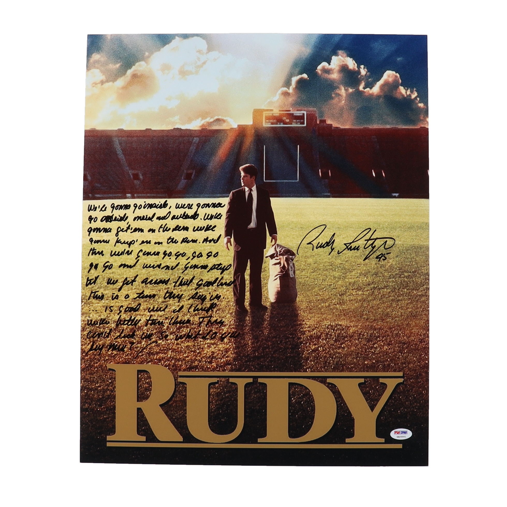 Rudy Ruettiger Signed "Rudy" 16x20 Movie Poster Photo with Extensive Inscription (PSA) at PristineAuction.com Rudy Ruettiger Signed "Rudy" 16x20 Movie Poster Photo with Extensive Inscription (PSA) at PristineAuction.com
