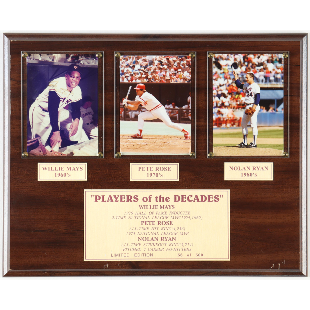 Willie Mays, Pete Rose & Nona Ryan Signed Photo Plaque (Beckett