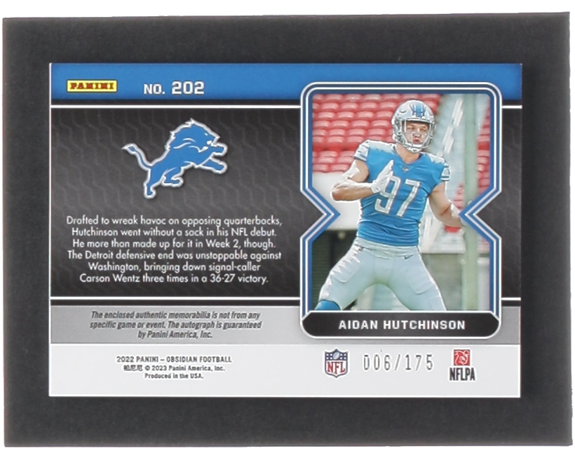 Aidan Hutchinson 2022 Panini Obsidian #202 JSY AU RC #006/175 at PristineAuction.com Aidan Hutchinson 2022 Panini Obsidian #202 JSY AU RC #006/175 at PristineAuction.com