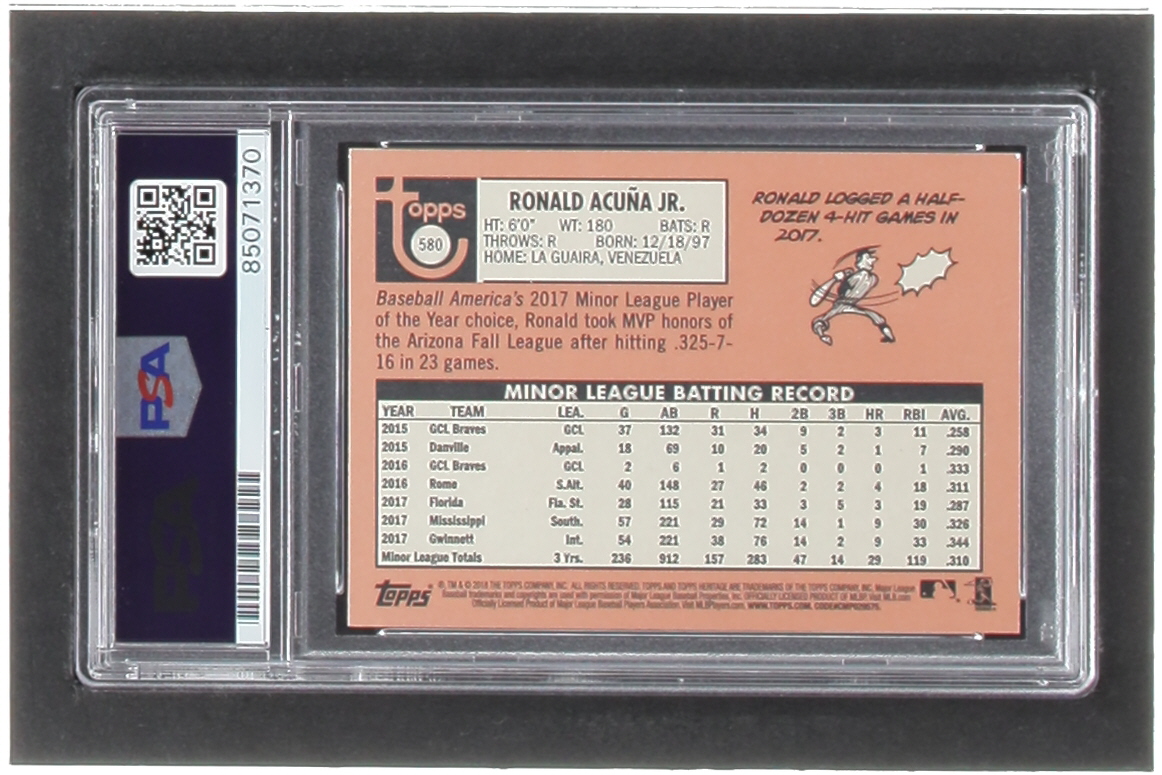 Ronald Acuna Jr. Signed 2018 Topps Heritage #580 RC (PSA | Auto 10) at PristineAuction.com Ronald Acuna Jr. Signed 2018 Topps Heritage #580 RC (PSA | Auto 10) at PristineAuction.com