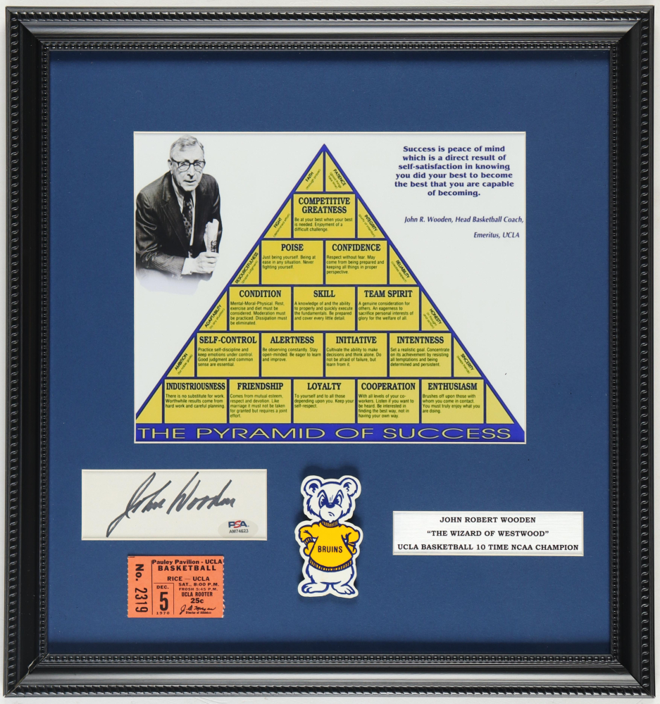 John Wooden Signed "The Pyramid Of Success" With Vintage UCLA Bruin