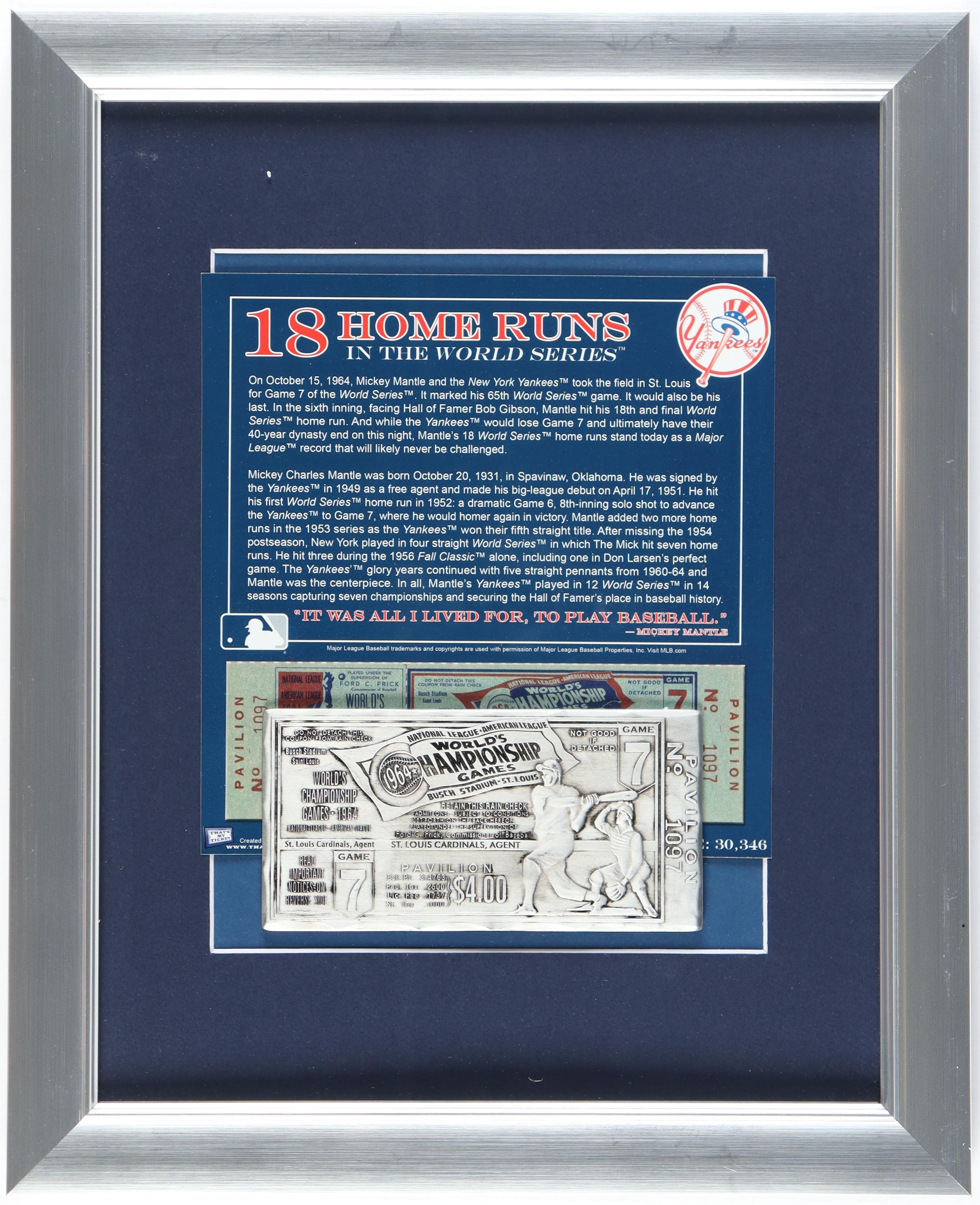 Mickey Mantle "18th World Series Home Run" Custom Framed Display with Metal Ticket at PristineAuction.com Mickey Mantle "18th World Series Home Run" Custom Framed Display with Metal Ticket at PristineAuction.com