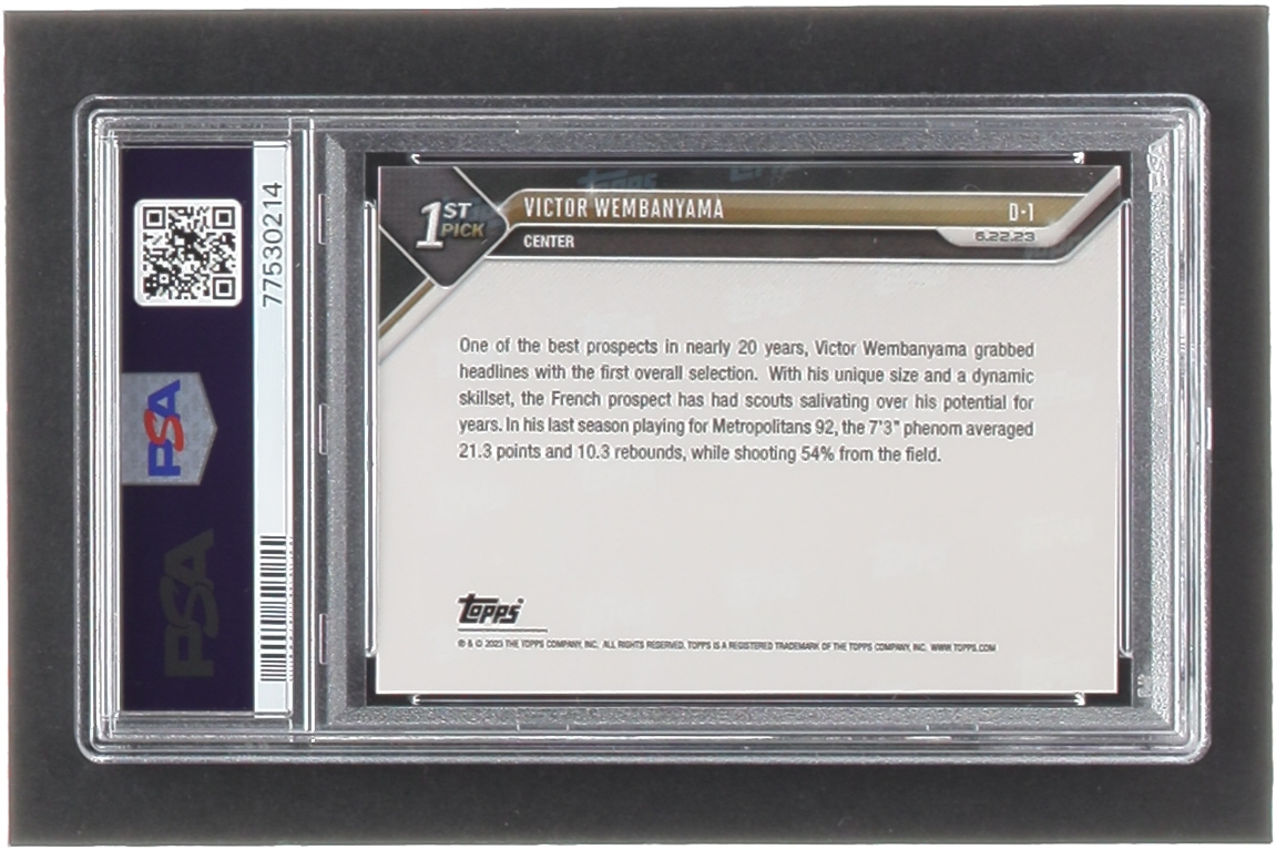 Victor Wembanyama 2023 Topps Now Draft #D1 RC (PSA 10) at PristineAuction.com Victor Wembanyama 2023 Topps Now Draft #D1 RC (PSA 10) at PristineAuction.com
