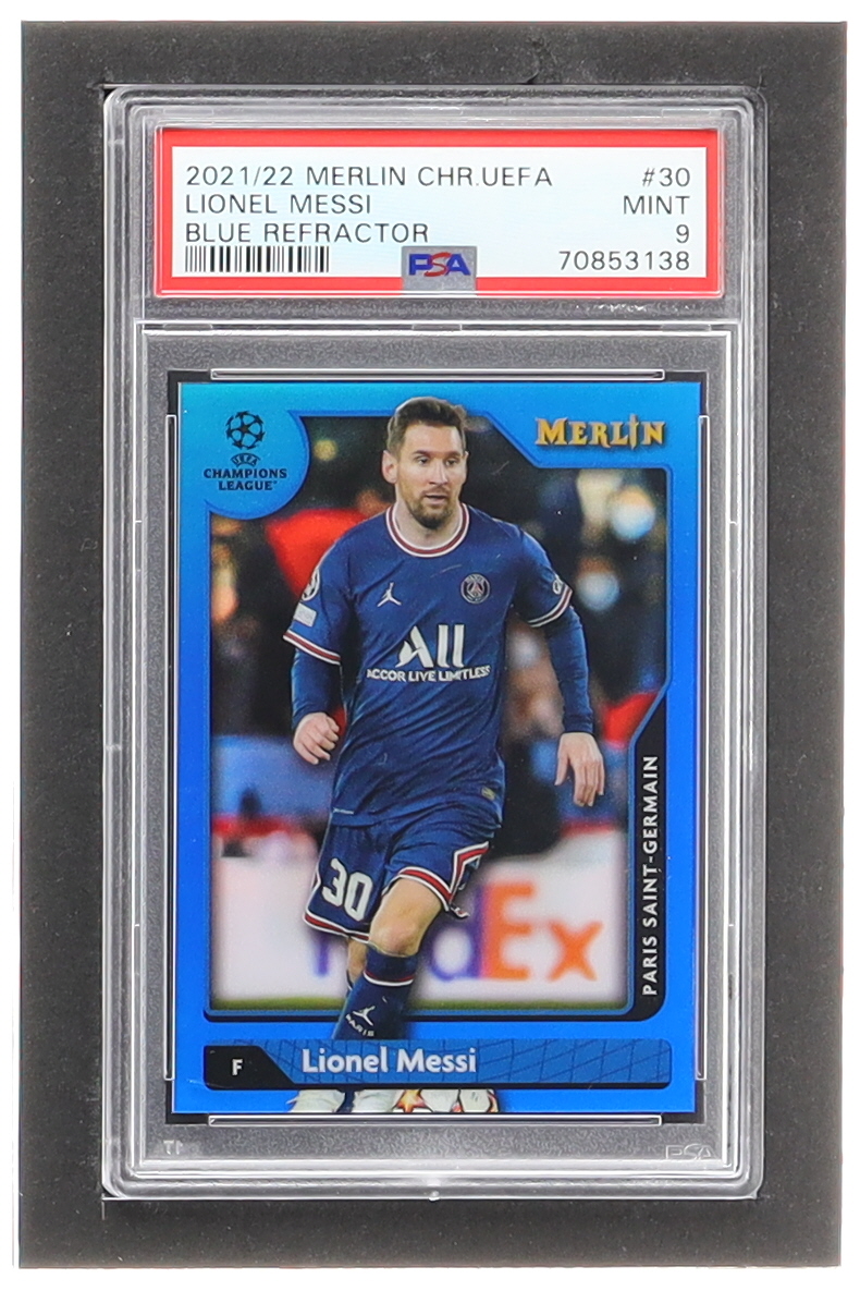 Lionel Messi 2021-22 Merlin UEFA Champions League Blue Refractors #30 #10/75 (PSA 9) at PristineAuction.com Lionel Messi 2021-22 Merlin UEFA Champions League Blue Refractors #30 #10/75 (PSA 9) at PristineAuction.com