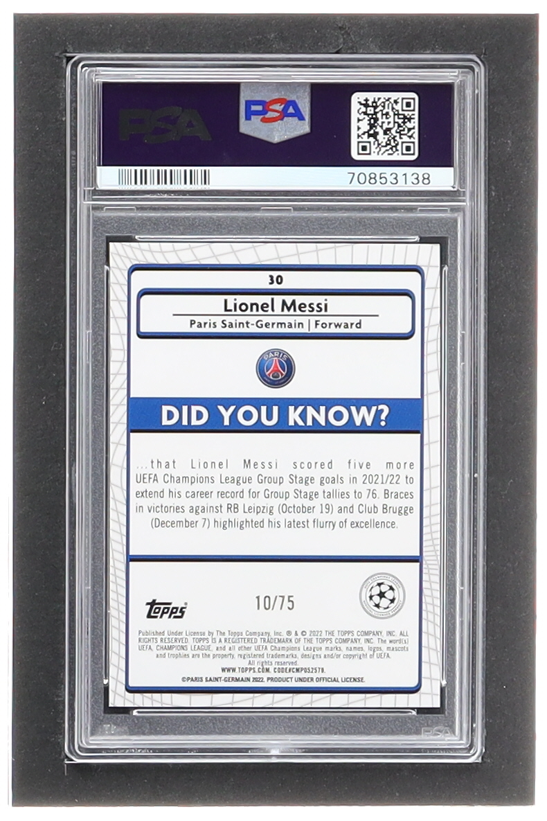 Lionel Messi 2021-22 Merlin UEFA Champions League Blue Refractors #30 #10/75 (PSA 9) at PristineAuction.com Lionel Messi 2021-22 Merlin UEFA Champions League Blue Refractors #30 #10/75 (PSA 9) at PristineAuction.com