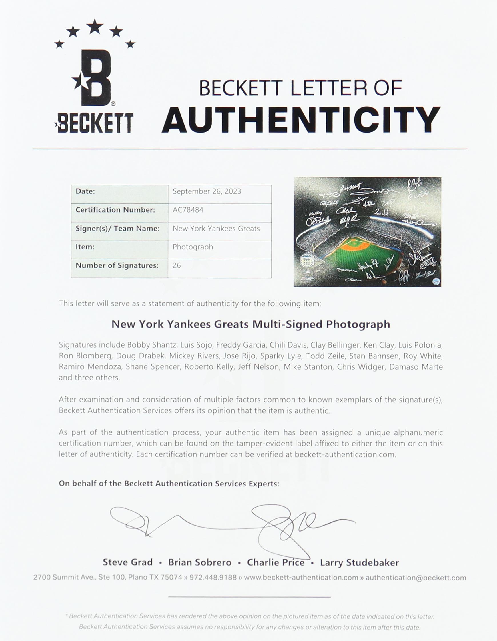 Yankees Greats 16x20 Photo Signed by (26) with Bobby Shantz, Luis Sojo, Freddy Garcia, Chili Davis (Beckett) at PristineAuction.com Yankees Greats 16x20 Photo Signed by (26) with Bobby Shantz, Luis Sojo, Freddy Garcia, Chili Davis (Beckett) at PristineAuction.com