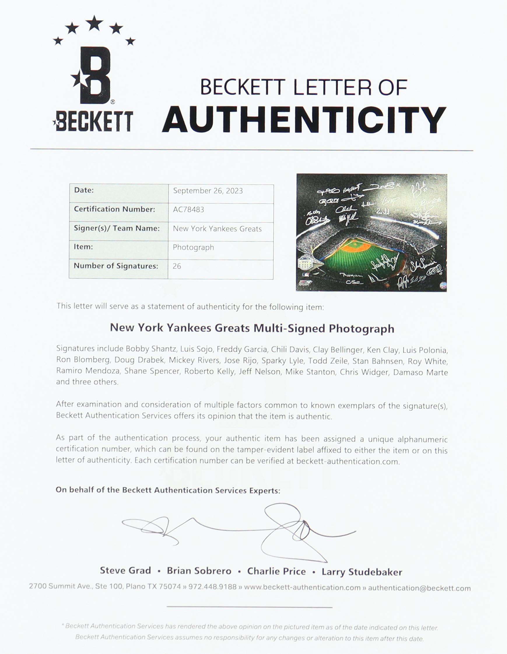 Yankees Greats 16x20 Photo Signed by (26) with Bobby Shantz, Luis Sojo, Freddy Garcia, Chili Davis (Beckett) at PristineAuction.com Yankees Greats 16x20 Photo Signed by (26) with Bobby Shantz, Luis Sojo, Freddy Garcia, Chili Davis (Beckett) at PristineAuction.com