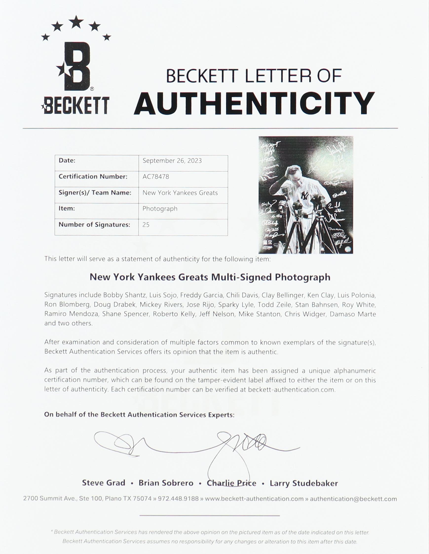 Yankees Greats 16x20 Photo Signed by (25) with Bobby Shantz, Luis Sojo, Freddy Garcia, Chili Davis (Beckett) at PristineAuction.com Yankees Greats 16x20 Photo Signed by (25) with Bobby Shantz, Luis Sojo, Freddy Garcia, Chili Davis (Beckett) at PristineAuction.com