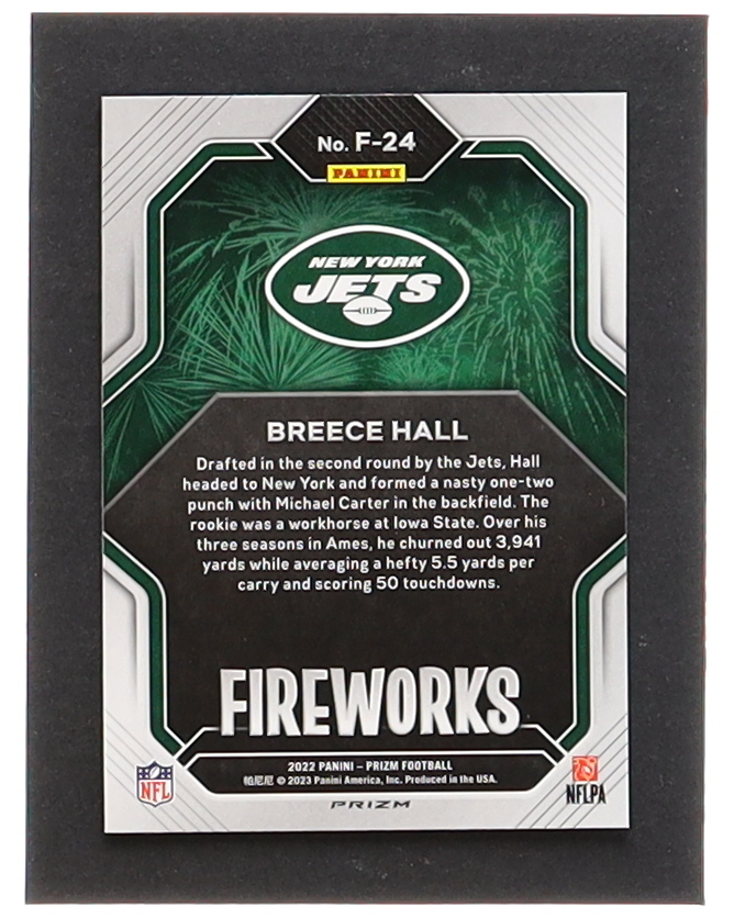 Breece Hall 2022 Panini Prizm Fireworks Prizms No Huddle #24 RC at PristineAuction.com Breece Hall 2022 Panini Prizm Fireworks Prizms No Huddle #24 RC at PristineAuction.com