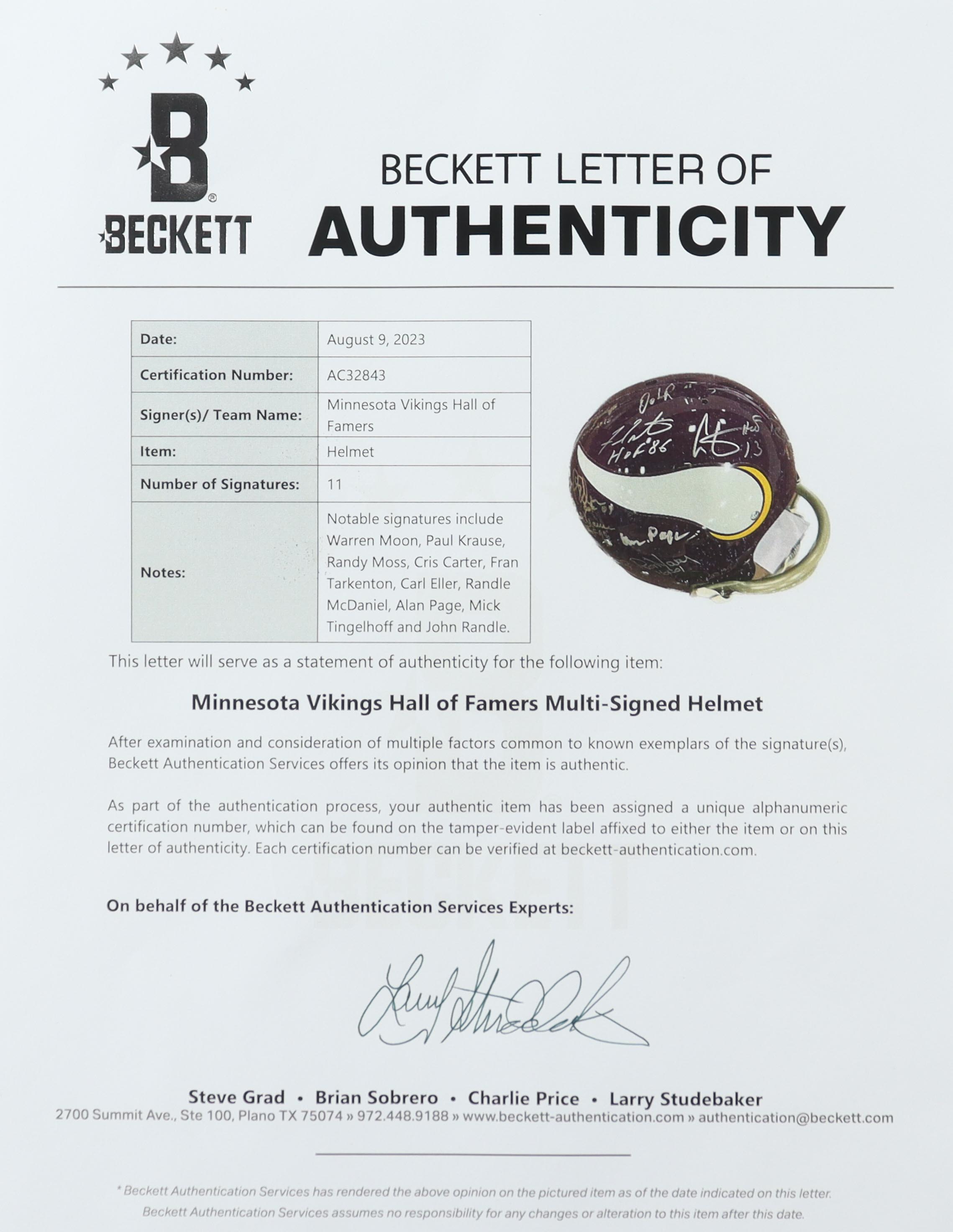 Vikings Full-Size Throwback Helmet Signed By (11) With Warren Moon, Paul Krause, Randy Moss, Cris Carter With Multiple Inscriptions (Beckett) at PristineAuction.com Vikings Full-Size Throwback Helmet Signed By (11) With Warren Moon, Paul Krause, Randy Moss, Cris Carter With Multiple Inscriptions (Beckett) at PristineAuction.com