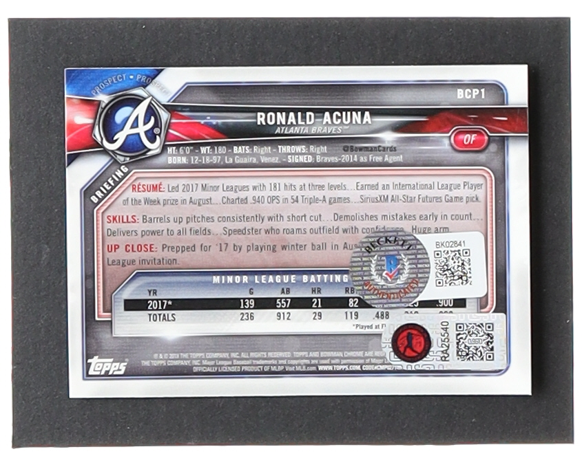 Ronald Acuna Signed 2018 Bowman Chrome Prospects #BCP1 RC (Beckett & Acuna Jr.) at PristineAuction.com Ronald Acuna Signed 2018 Bowman Chrome Prospects #BCP1 RC (Beckett & Acuna Jr.) at PristineAuction.com
