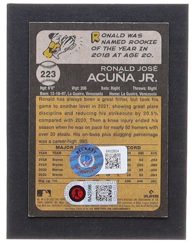 Ronald Acuna Jr. Signed 2022 Topps Heritage #223 (Beckett & Acuna Jr.) at PristineAuction.com Ronald Acuna Jr. Signed 2022 Topps Heritage #223 (Beckett & Acuna Jr.) at PristineAuction.com
