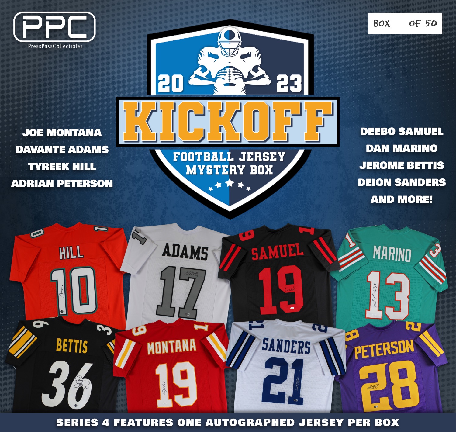 Press Pass Collectibles 2023 Kickoff Football Jersey Mystery Box - Series 4 (Limited to 50) at PristineAuction.com Press Pass Collectibles 2023 Kickoff Football Jersey Mystery Box - Series 4 (Limited to 50) at PristineAuction.com