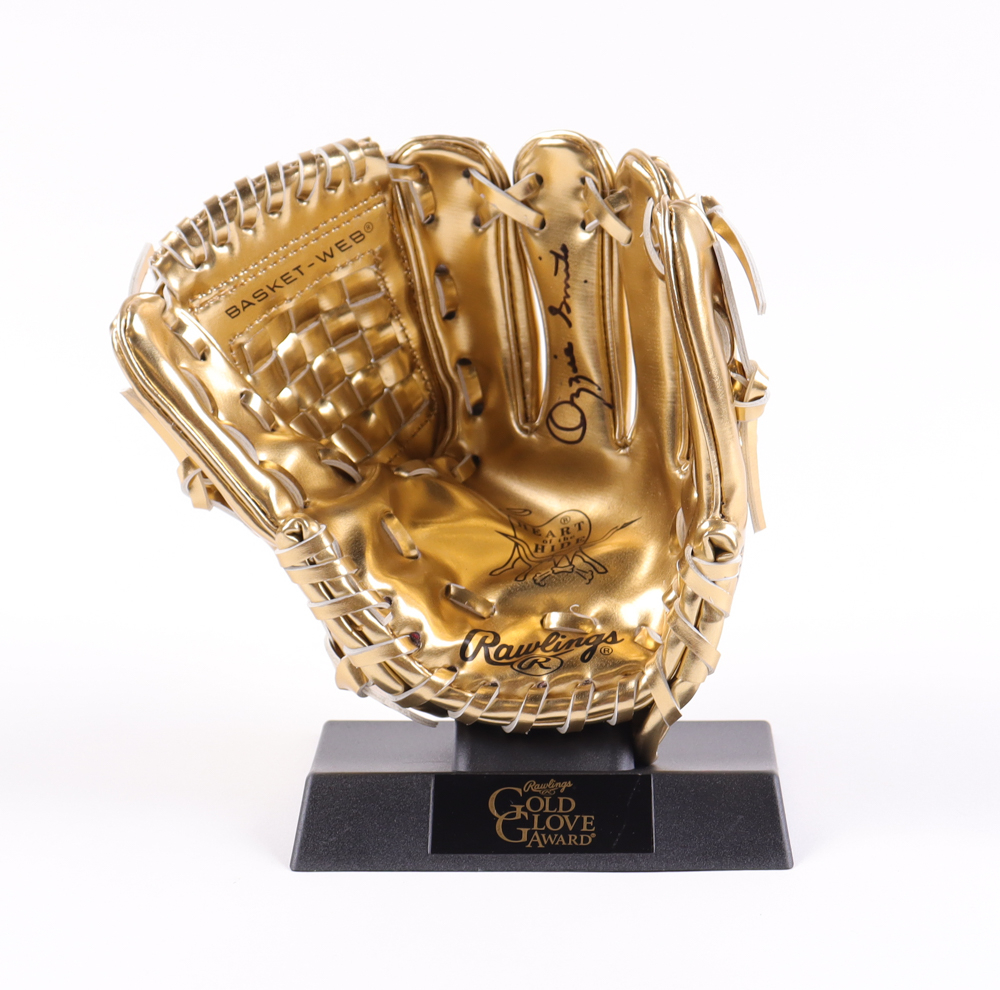 Ozzie Smith Signed Rawlings Mini Gold Baseball Glove with Display Stand