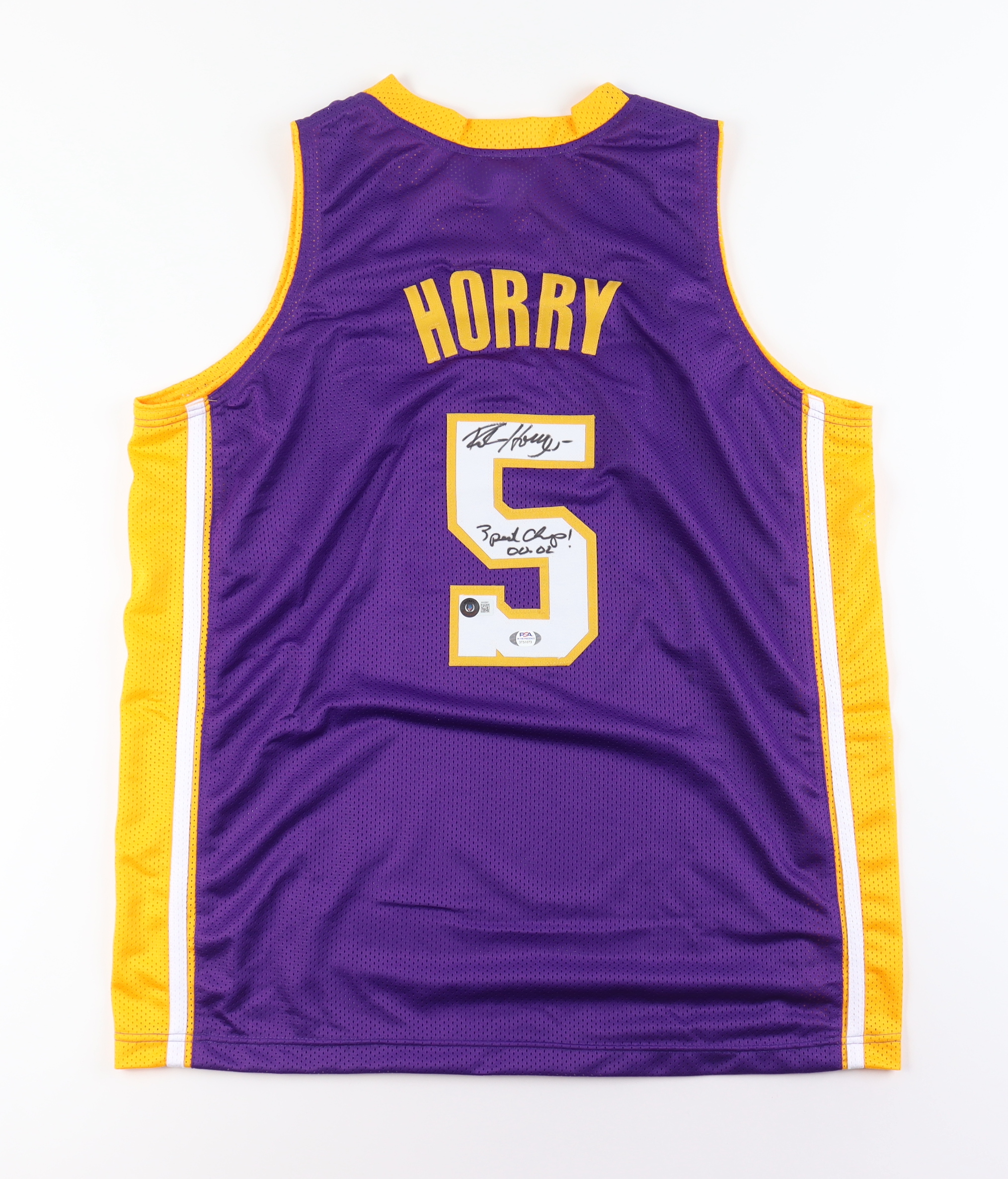 Robert Horry Signed Jersey Inscribed "3 Peat Champ! 00-02" (Beckett & PSA) at PristineAuction.com Robert Horry Signed Jersey Inscribed "3 Peat Champ! 00-02" (Beckett & PSA) at PristineAuction.com