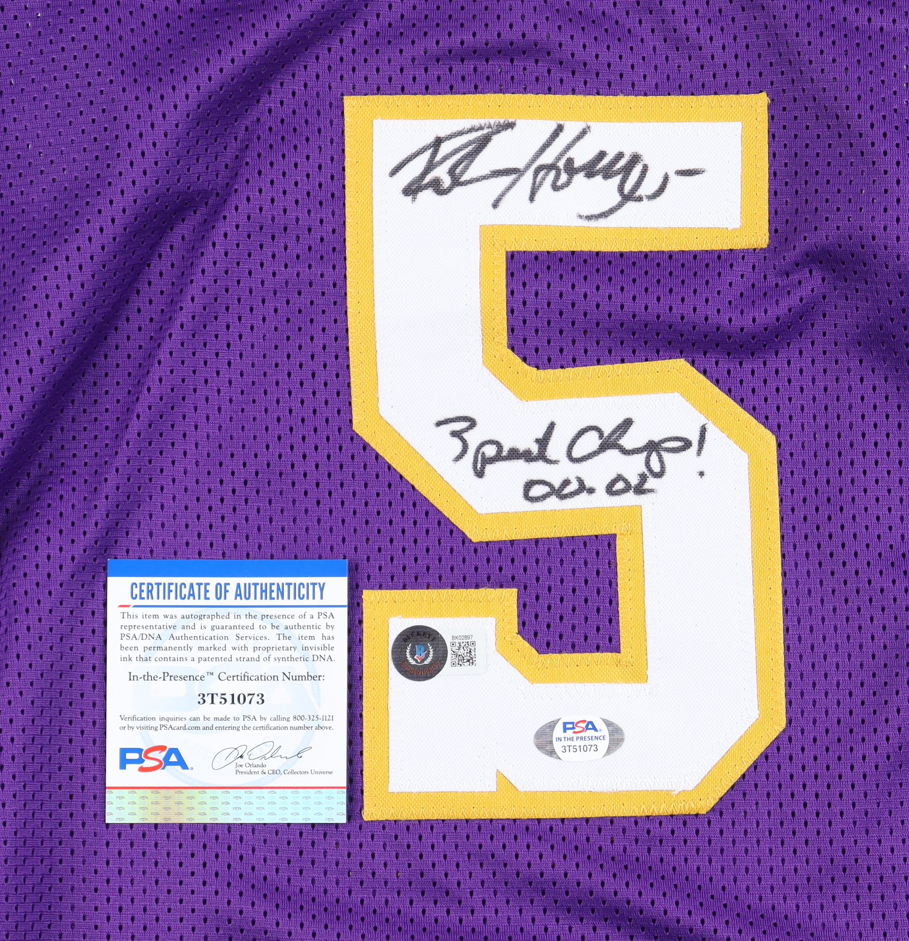 Robert Horry Signed Jersey Inscribed "3 Peat Champ! 00-02" (Beckett & PSA) at PristineAuction.com Robert Horry Signed Jersey Inscribed "3 Peat Champ! 00-02" (Beckett & PSA) at PristineAuction.com