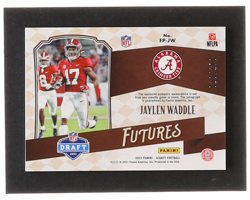 Jaylen Waddle 2021 Panini Legacy Futures Patch Autographs Ruby #11 RC #018/100 at PristineAuction.com Jaylen Waddle 2021 Panini Legacy Futures Patch Autographs Ruby #11 RC #018/100 at PristineAuction.com