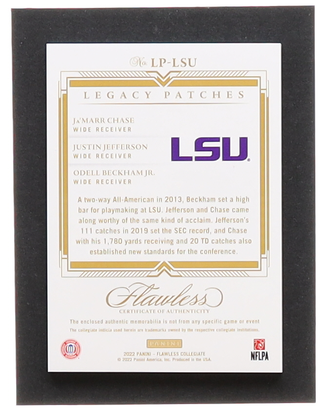 Odell Beckham Jr. / Ja'Marr Chase / Justin Jefferson 2022 Panini Flawless Collegiate Legacy Patches #8 #09/25 at PristineAuction.com Odell Beckham Jr. / Ja'Marr Chase / Justin Jefferson 2022 Panini Flawless Collegiate Legacy Patches #8 #09/25 at PristineAuction.com