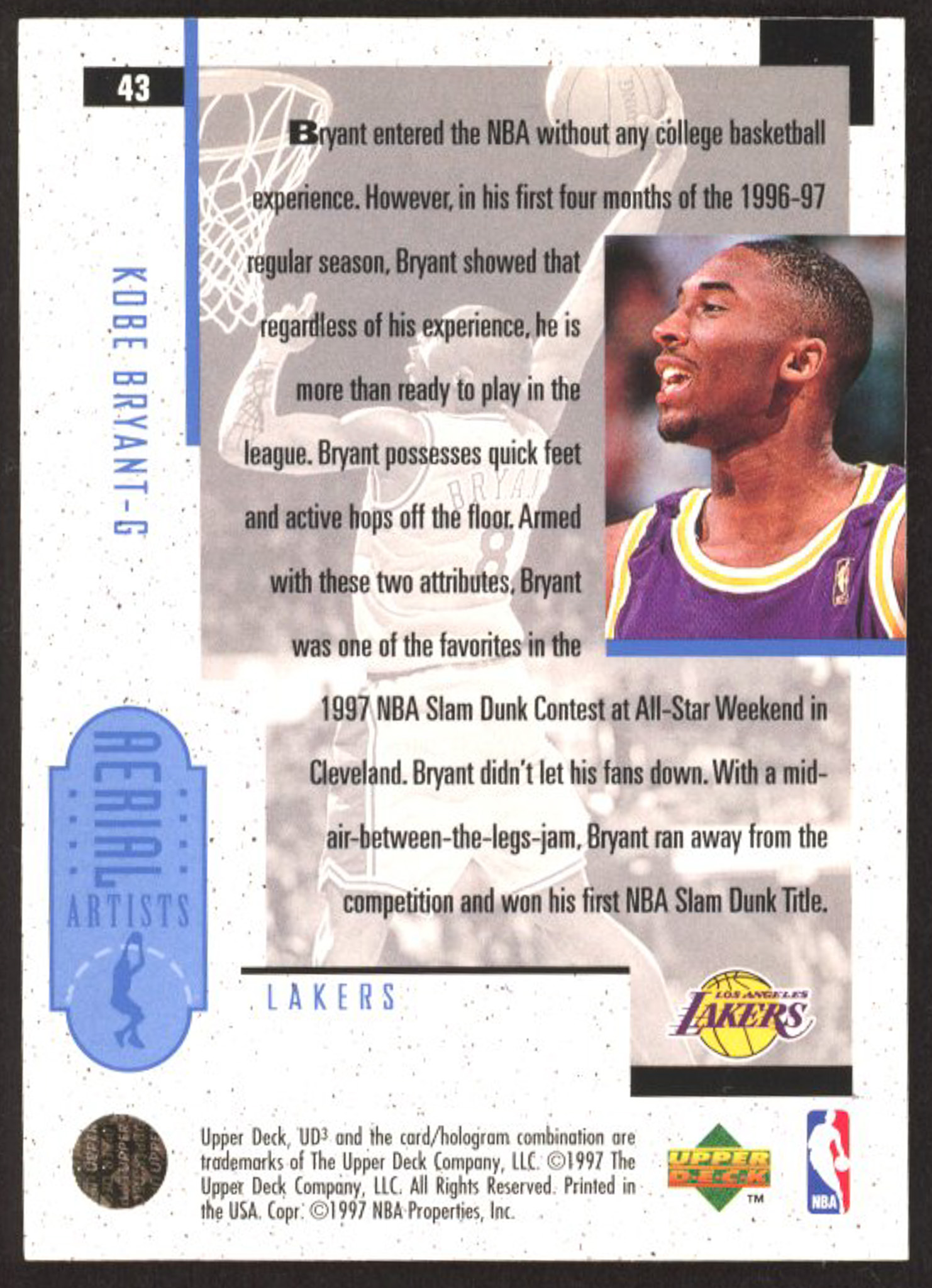 Kobe Bryant 1996-97 UD3 #43 RC at PristineAuction.com Kobe Bryant 1996-97 UD3 #43 RC at PristineAuction.com