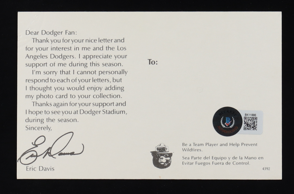 Eric Davis Signed Dodgers Postcard (Beckett) | Pristine Auction