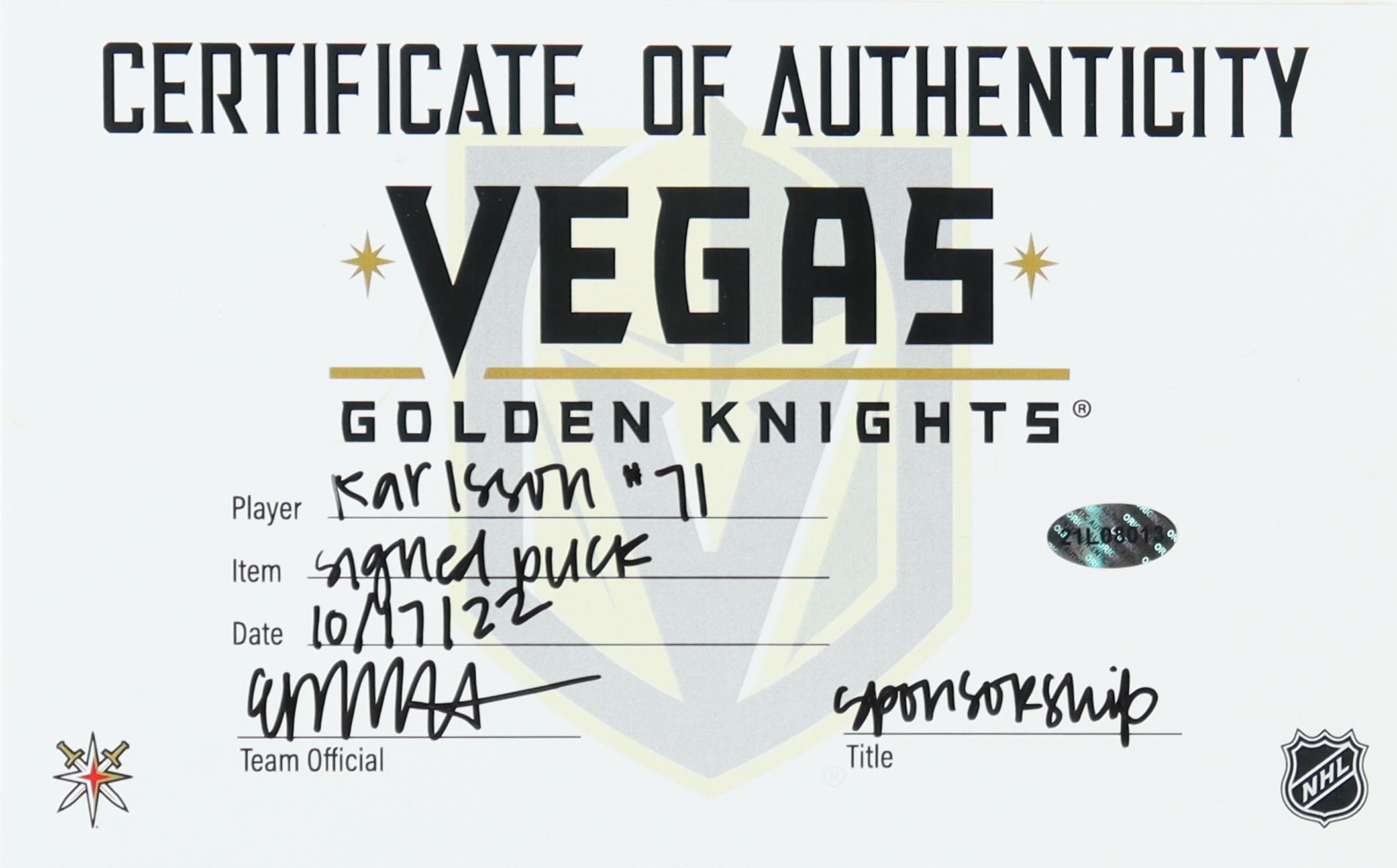 William Karlsson Signed Golden Knights Logo Hockey Puck (Beckett) at PristineAuction.com William Karlsson Signed Golden Knights Logo Hockey Puck (Beckett) at PristineAuction.com